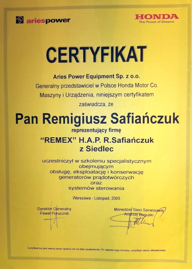 certyfikat od Honda dla Remex